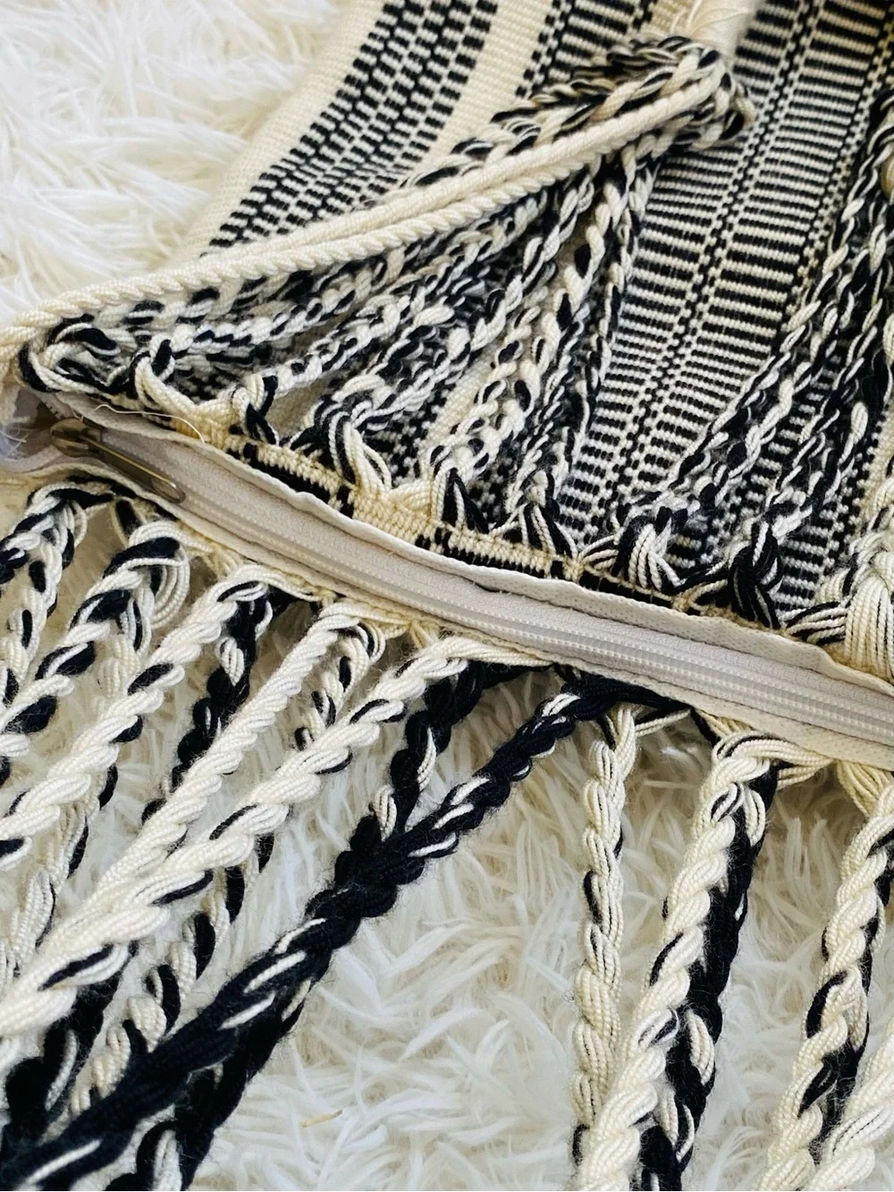 Handwoven Black & Ivory Boho Tote Bag Braided Handles Large Zip Tote
